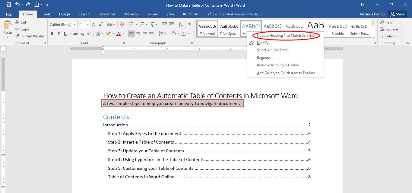 word for mac automatic table of contents